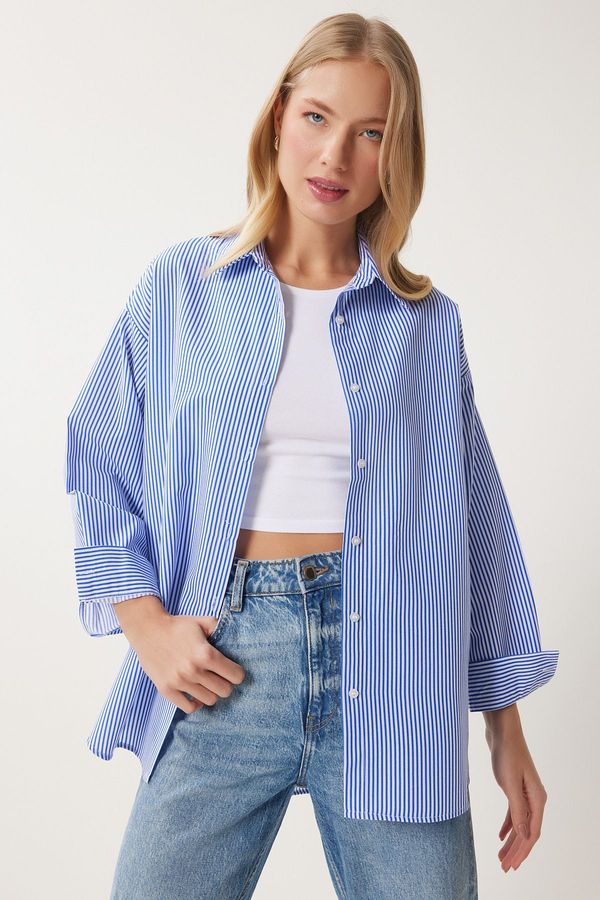 Happiness İstanbul Happiness İstanbul Women's Blue Striped Oversize Long Basic Shirt