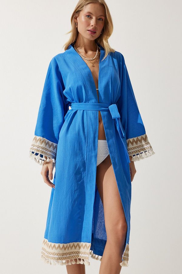 Happiness İstanbul Happiness İstanbul Women's Blue Tassel Guipure Detail Long Linen Kimono