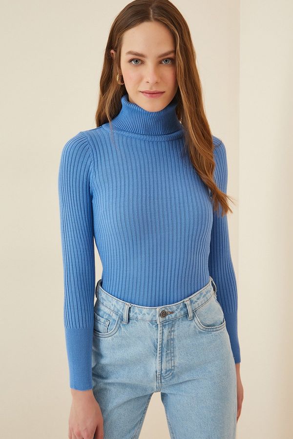Happiness İstanbul Happiness İstanbul Women's Blue Turtleneck Corded Lycra Sweater