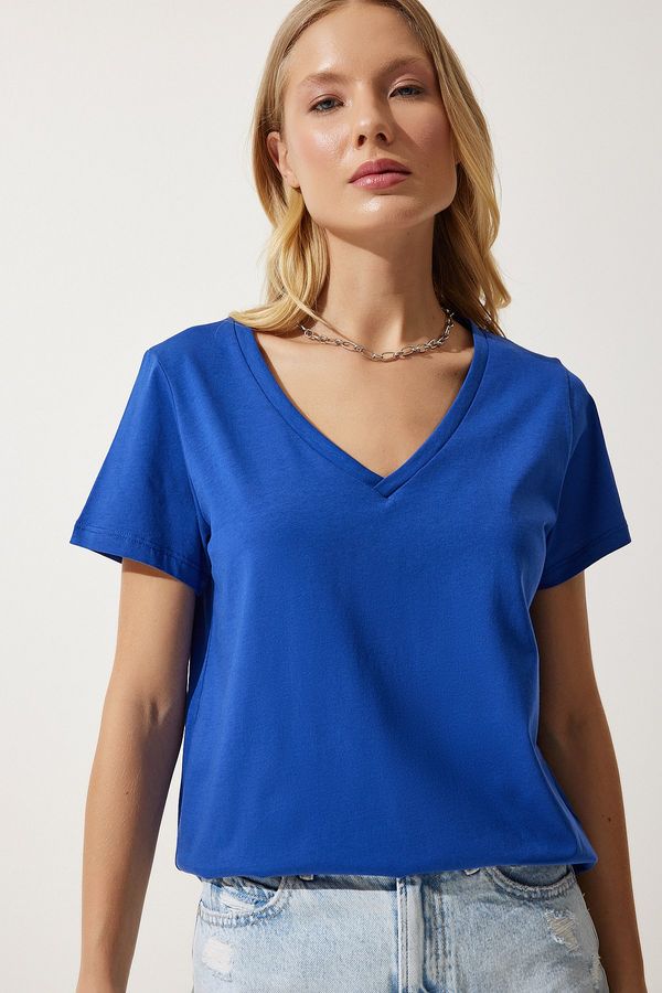 Happiness İstanbul Happiness İstanbul Women's Blue V-Neck Basic Knitted T-Shirt