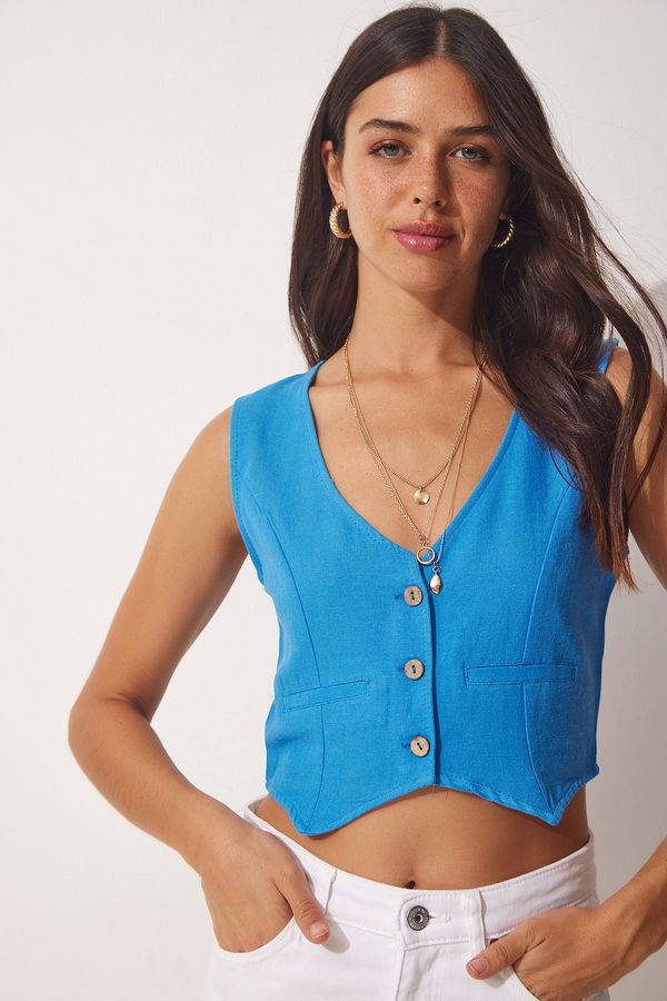 Happiness İstanbul Happiness İstanbul Women's Blue V Neck Linen Vest