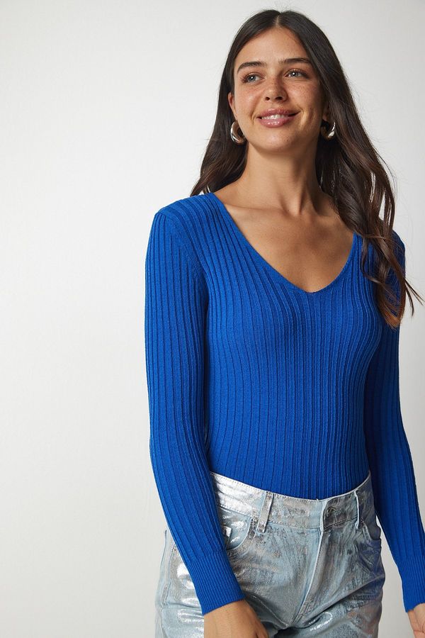 Happiness İstanbul Happiness İstanbul Women's Blue V-Neck Ribbed Basic Blouse