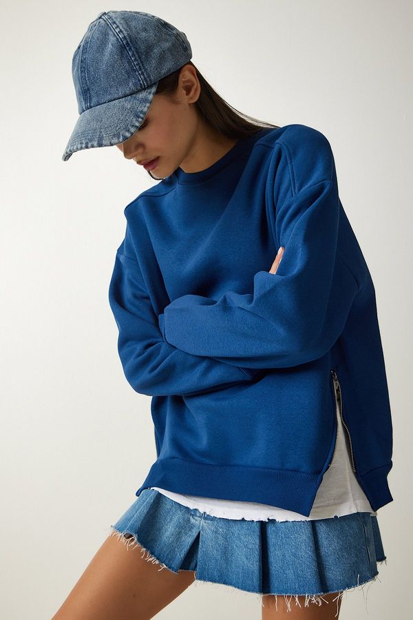 Happiness İstanbul Happiness İstanbul Women's Blue Zipper Detailed Raised Knitted Sweatshirt