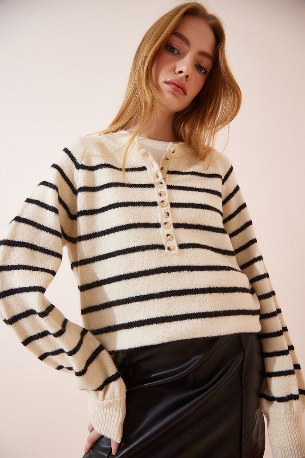 Happiness İstanbul Happiness İstanbul Women's Bone Black Buttoned Collar Striped Knitwear Sweater