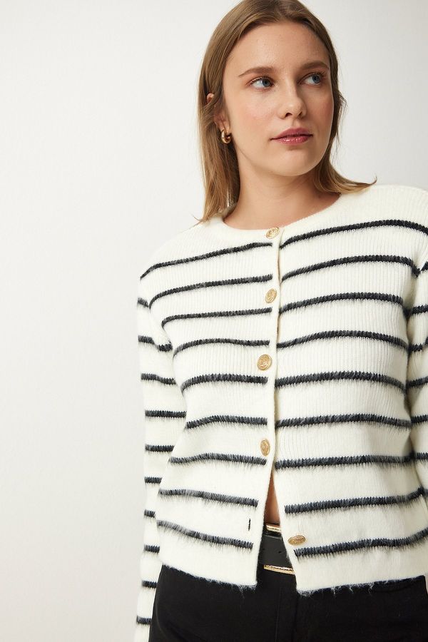 Happiness İstanbul Happiness İstanbul Women's Bone Black Stylish Buttoned Striped Knitwear Cardigan