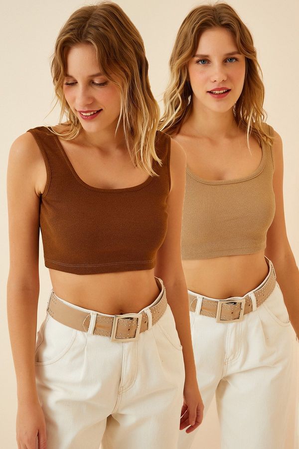 Happiness İstanbul Happiness İstanbul Women's Brown Biscuit Strapless Crop Two-Pack Knitted Blouse