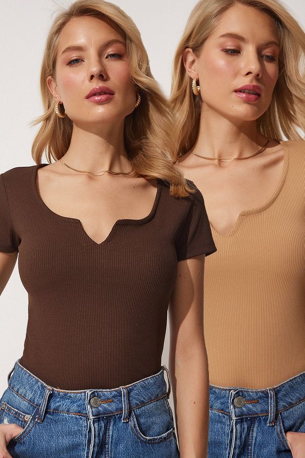 Happiness İstanbul Happiness İstanbul Women's Brown Biscuit Sweetheart Neck Ribbed 2-Pack Crop Knitted Blouse