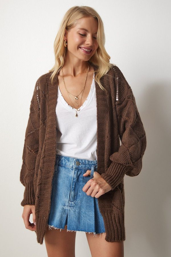 Happiness İstanbul Happiness İstanbul Women's Brown Diamond Patterned Openwork Knitwear Cardigan