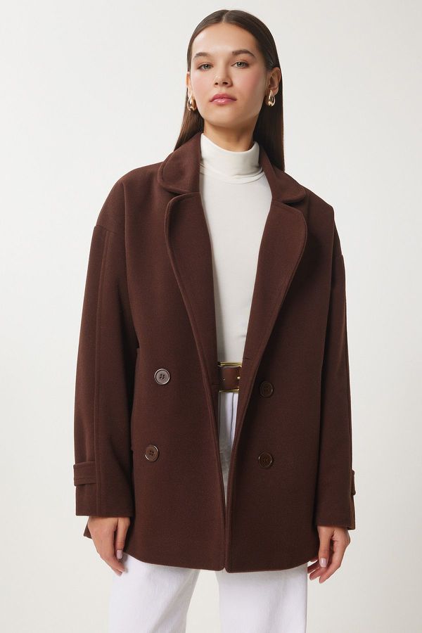 Happiness İstanbul Happiness İstanbul Women's Brown Double Breasted Lapel Stamp Coat
