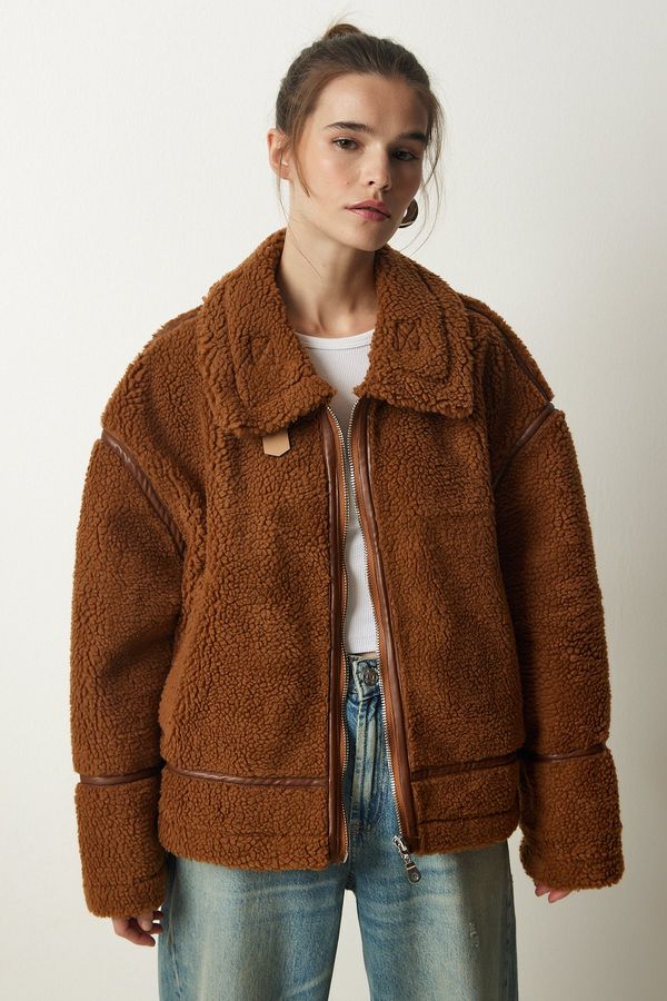 Happiness İstanbul Happiness İstanbul Women's Brown Faux Fur Biker Jacket