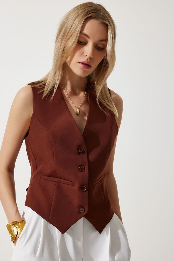 Happiness İstanbul Happiness İstanbul Women's Brown Fitted Short Woven Vest