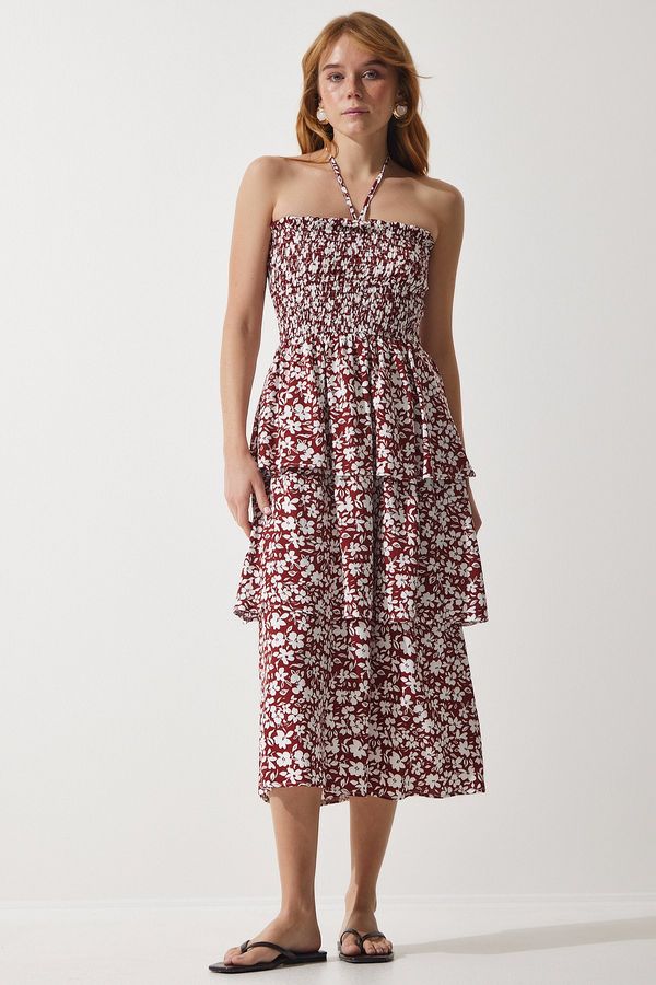 Happiness İstanbul Happiness İstanbul Women's Brown Floral Flounce Summer Viscose Dress