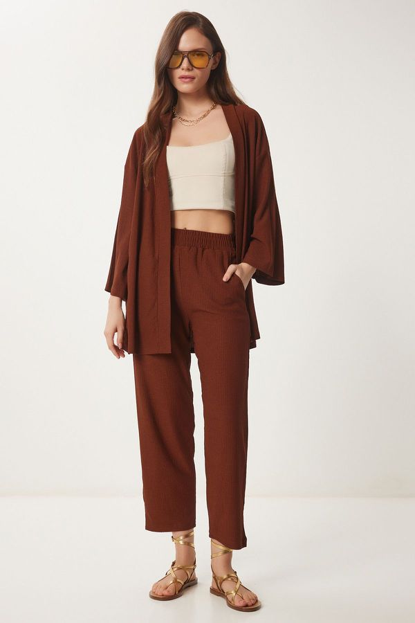 Happiness İstanbul Happiness İstanbul Women's Brown Kimono Pants Knit Set