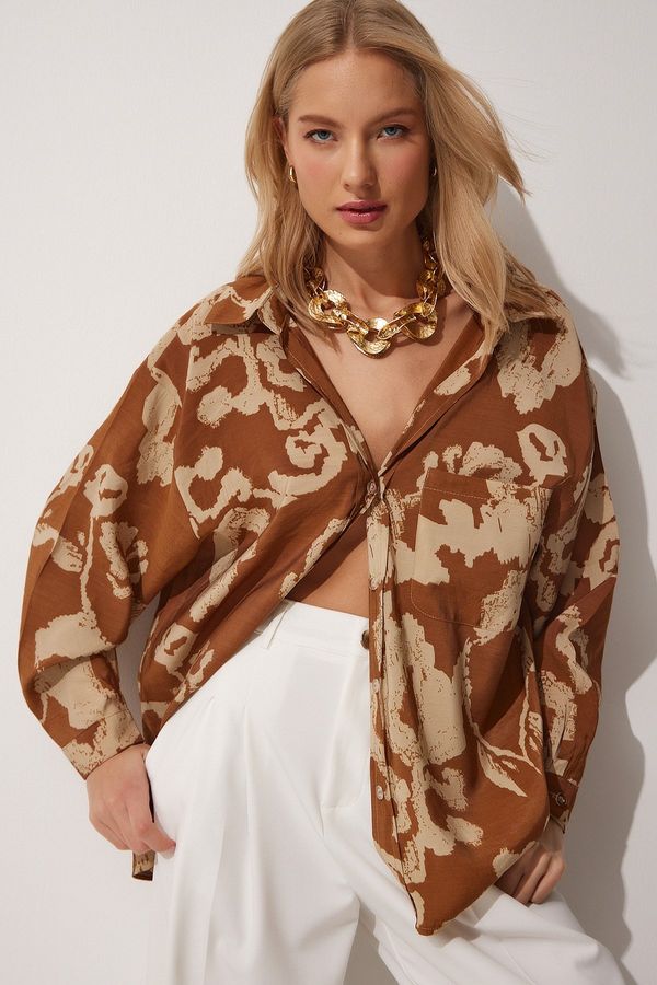 Happiness İstanbul Happiness İstanbul Women's Brown Patterned Oversized Cotton Satin Shirt