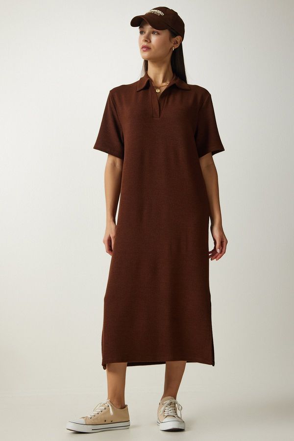Happiness İstanbul Happiness İstanbul Women's Brown Polo Neck Knitted Ribbed Dress