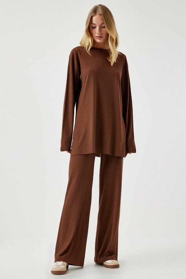 Happiness İstanbul Happiness İstanbul Women's Brown Ribbed Knitted Blouse Pants Suit