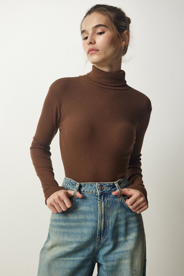 Happiness İstanbul Happiness İstanbul Women's Brown Turtleneck Corded Knitted Blouse