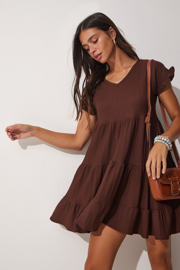 Happiness İstanbul Happiness İstanbul Women's Brown V-Neck Flounced Summer Flared Knitted Dress