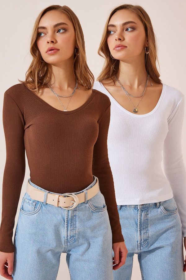 Happiness İstanbul Happiness İstanbul Women's Brown White V Neck 2-Pack Knitted Blouse