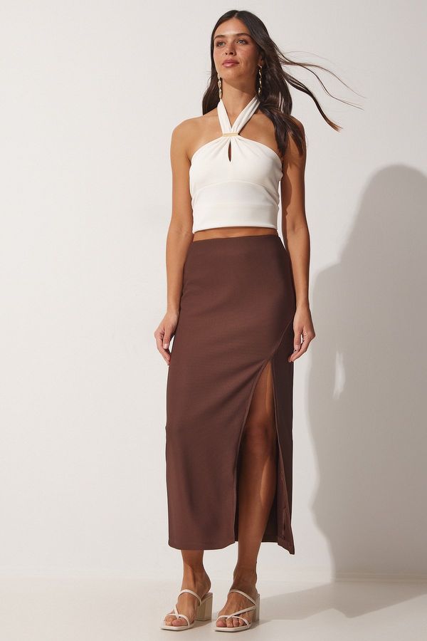 Happiness İstanbul Happiness İstanbul Women's Brown Wrap Pencil Knitted Skirt with Deep Slits