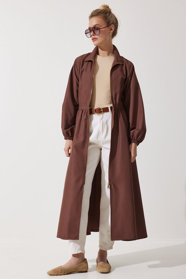 Happiness İstanbul Happiness İstanbul Women's Brown Zippered Seasonal Woven Dress Trench Coat