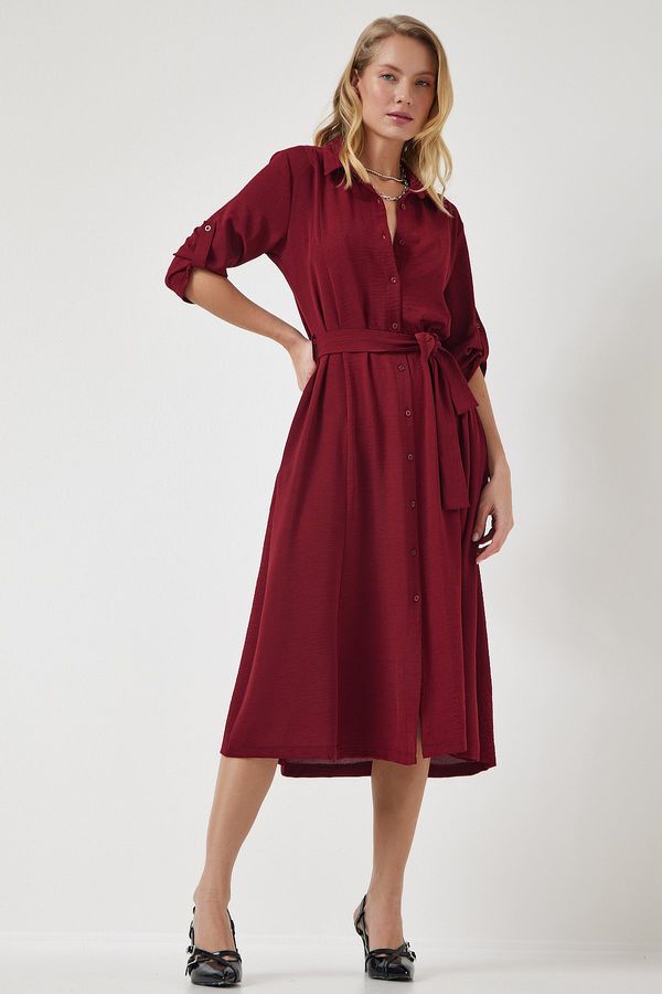 Happiness İstanbul Happiness İstanbul Women's Burgundy Belted Shirt Dress