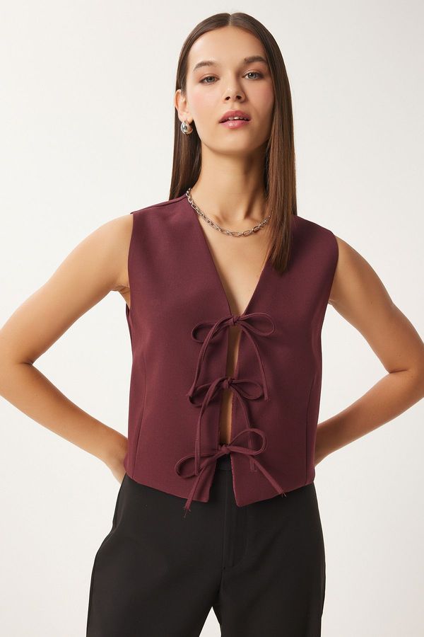 Happiness İstanbul Happiness İstanbul Women's Burgundy Bow Tie Woven Vest