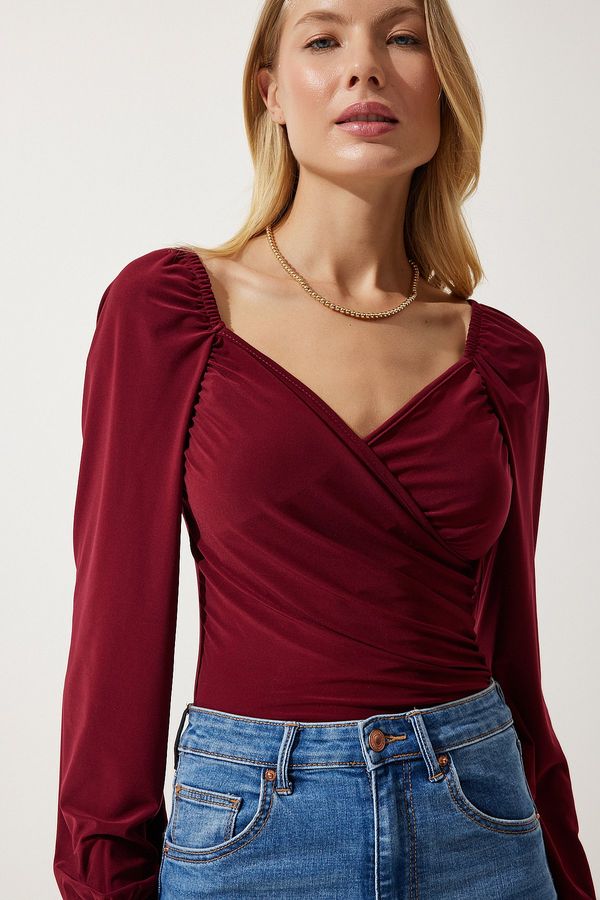 Happiness İstanbul Happiness İstanbul Women's Burgundy Elastic Balloon Sleeve Sandy Knitted Blouse