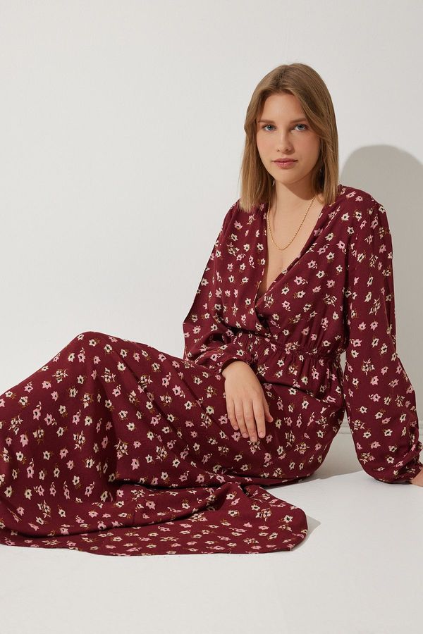 Happiness İstanbul Happiness İstanbul Women's Burgundy Floral Balloon Sleeve Summer Viscose Dress