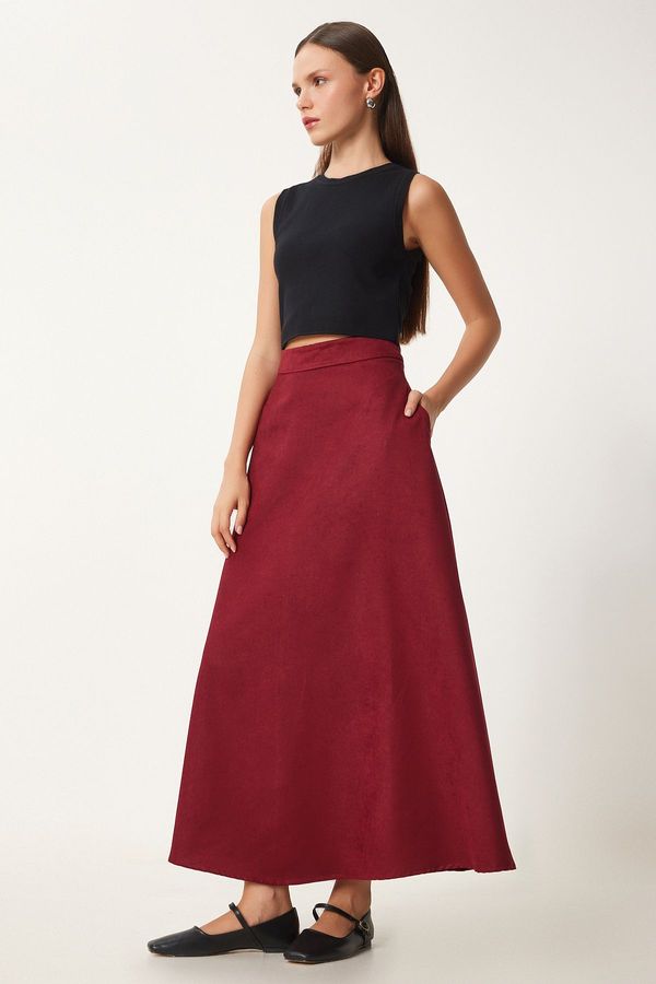 Happiness İstanbul Happiness İstanbul Women's Burgundy Pocket Jacquard Suede Flared Skirt