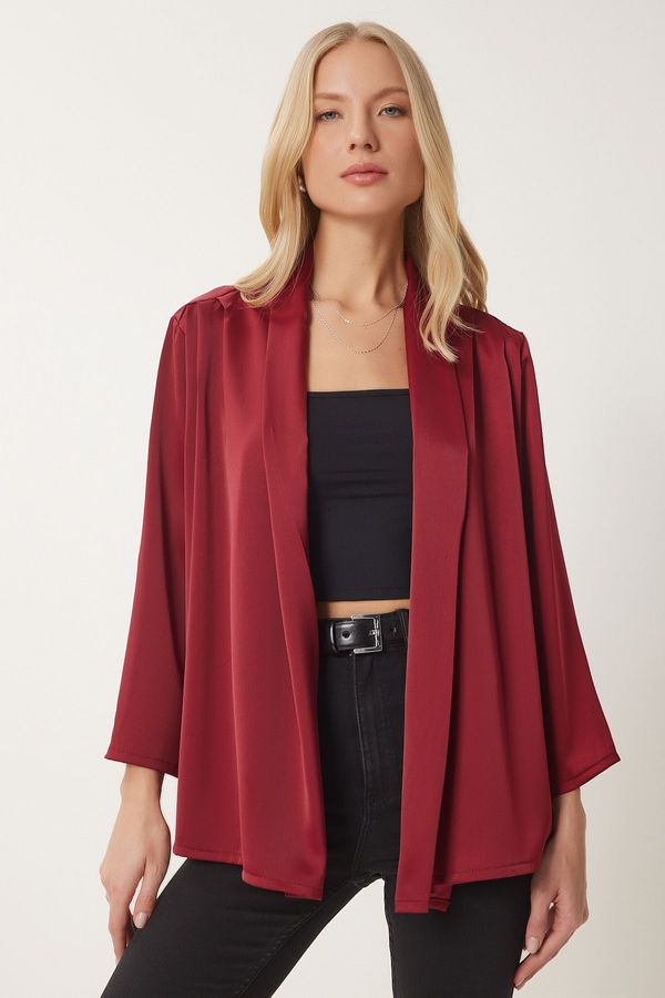 Happiness İstanbul Happiness İstanbul Women's Burgundy Shawl Collar Stylish Satin Finish Jacket