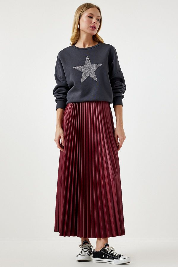 Happiness İstanbul Happiness İstanbul Women's Burgundy Shiny Surface Pleated Knitted Skirt