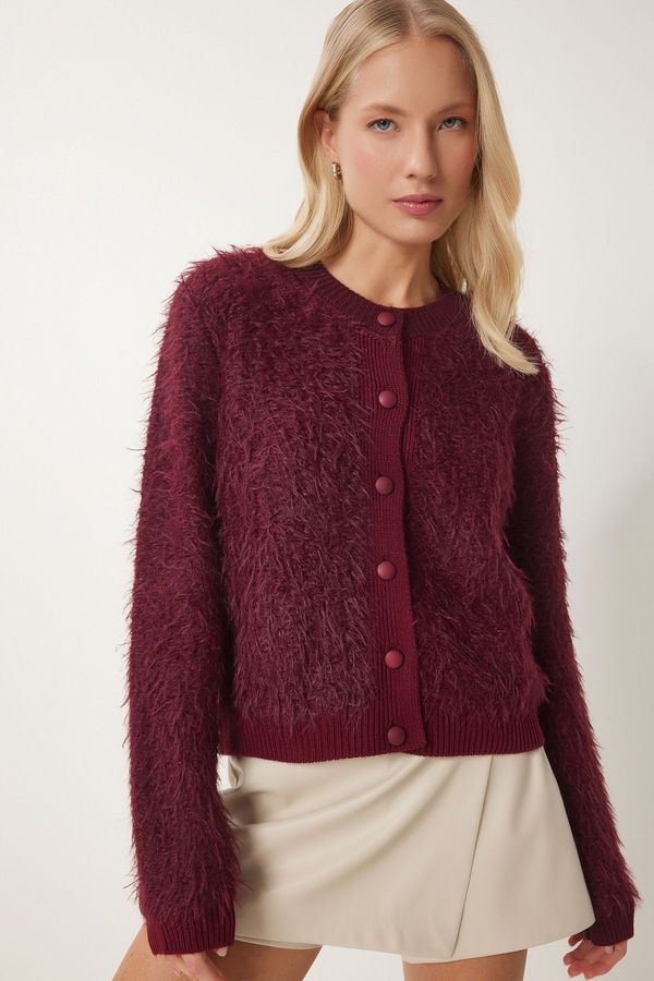 Happiness İstanbul Happiness İstanbul Women's Burgundy Soft Bearded Knitwear Cardigan