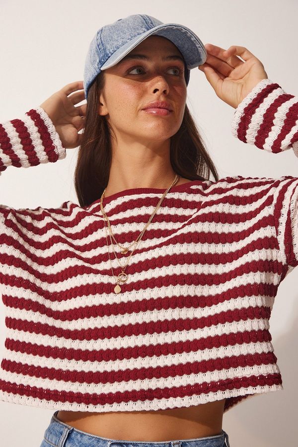 Happiness İstanbul Happiness İstanbul Women's Burgundy Striped Crochet Knitwear Sweater