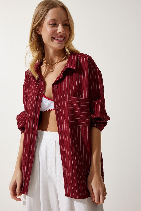 Happiness İstanbul Happiness İstanbul Women's Burgundy Striped Pocket Viscose Shirt