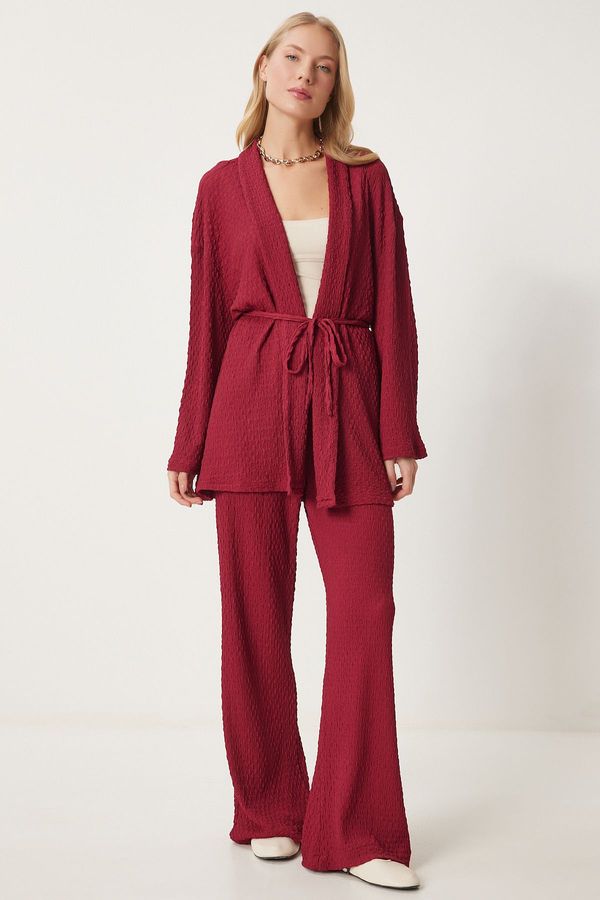 Happiness İstanbul Happiness İstanbul Women's Burgundy Textured Knitted Kimono Trouser Set