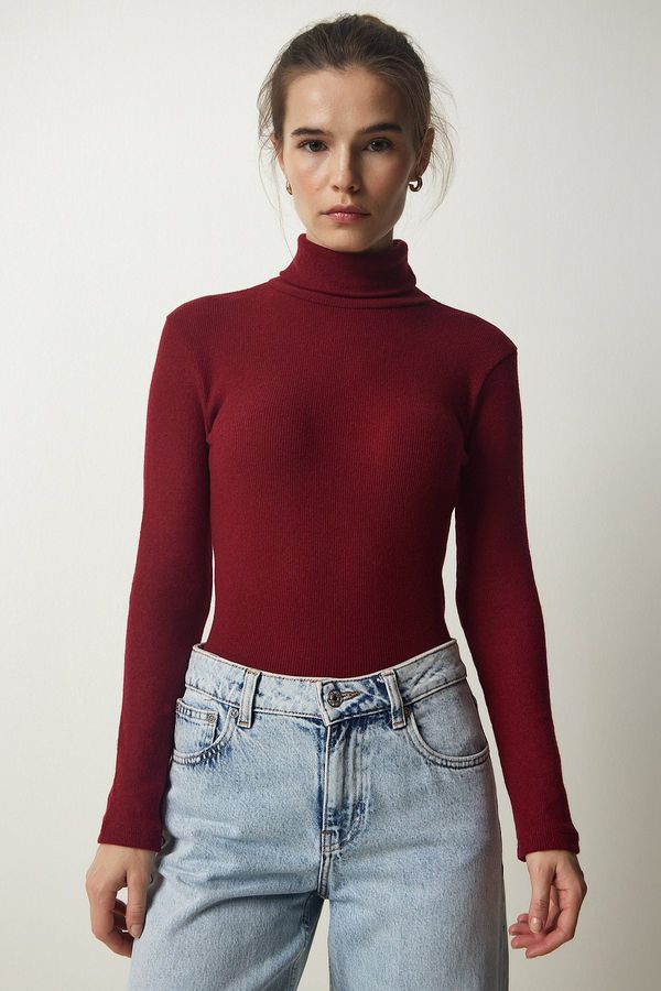 Happiness İstanbul Happiness İstanbul Women's Burgundy Turtleneck Corduroy Knitted Blouse
