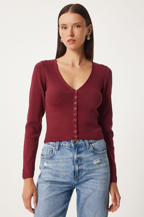 Happiness İstanbul Happiness İstanbul Women's Burgundy V Neck Knitwear Cardigan