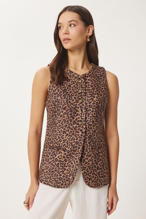 Happiness İstanbul Happiness İstanbul Women's Camel Black Leopard Print Nubuck Vest