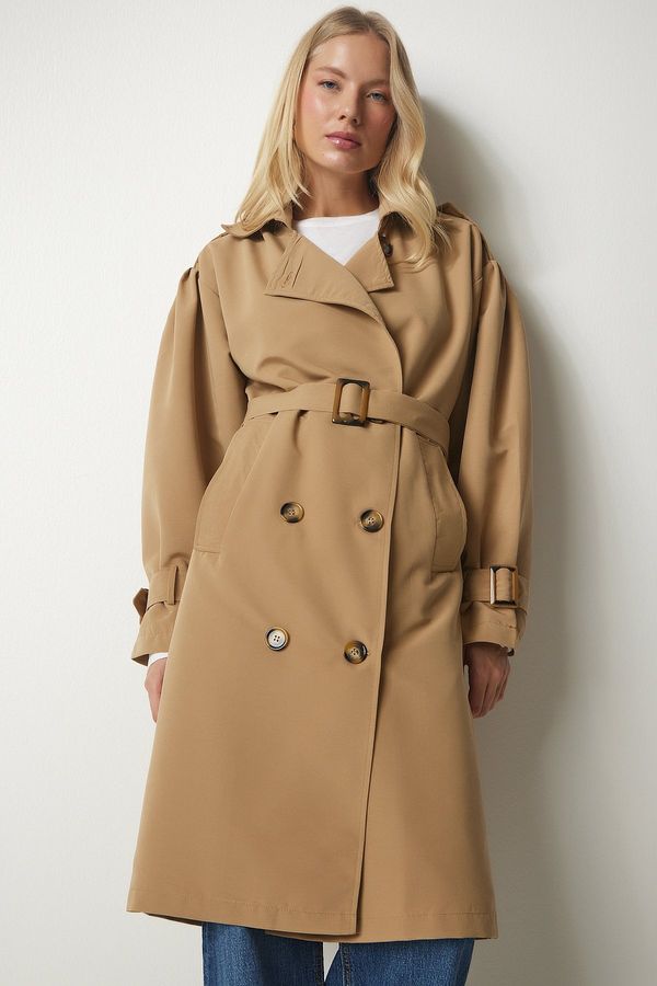 Happiness İstanbul Happiness İstanbul Women's Camel Double Breasted Collar Trench Coat With Belt