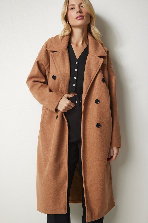 Happiness İstanbul Happiness İstanbul Women's Camel Double Breasted Neck Oversize Cachet Coat