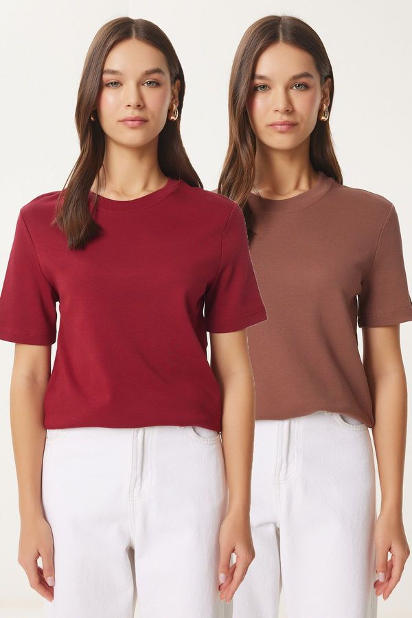 Happiness İstanbul Happiness İstanbul Women's Claret Brown 2-Pack Cotton Basic Knitted T-Shirt