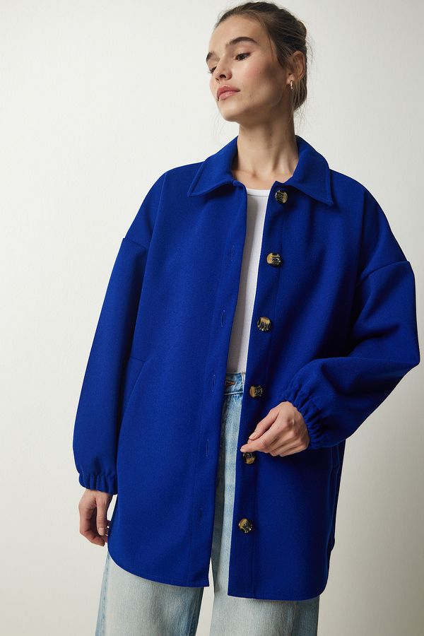 Happiness İstanbul Happiness İstanbul Women's Cobalt Blue Buttoned Pocket Oversize Shirt Jacket