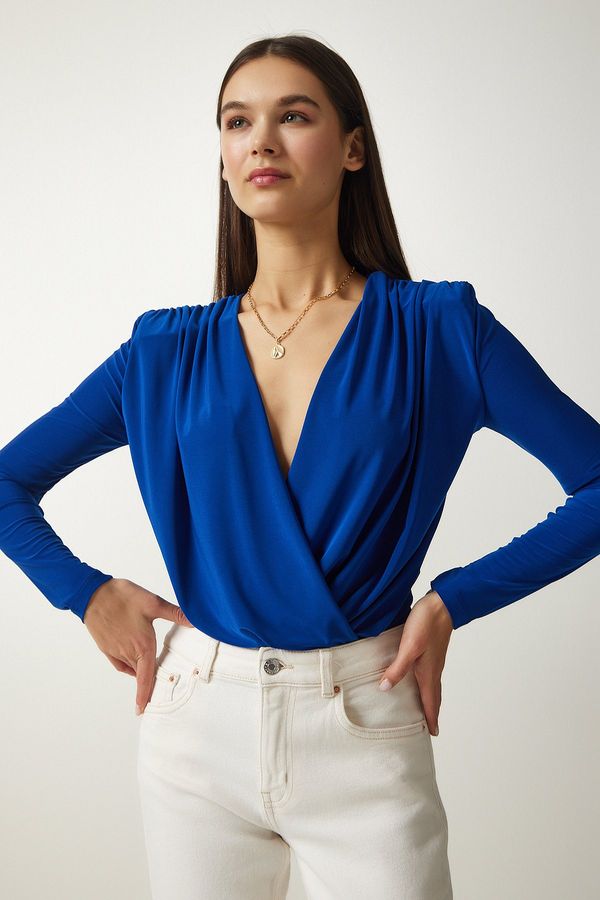 Happiness İstanbul Happiness İstanbul Women's Cobalt Blue Wrapover Neck Snap-On Knitted Blouse