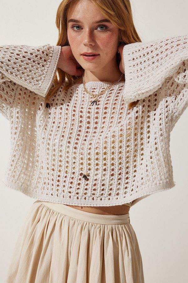 Happiness İstanbul Happiness İstanbul Women's Cream Beaded Openwork Seasonal Crop Knitwear Sweater