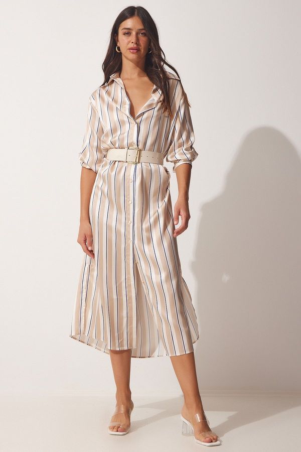Happiness İstanbul Happiness İstanbul Women's Cream Beige Striped Long Satin Surface Shirt Dress