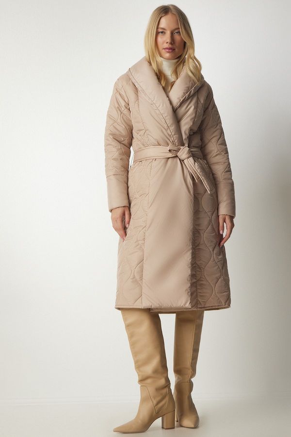 Happiness İstanbul Happiness İstanbul Women's Cream Belted Shawl Collar Quilted Coat