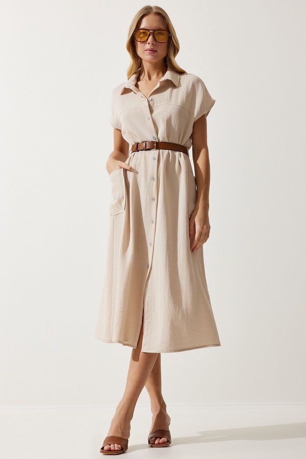 Happiness İstanbul Happiness İstanbul Women's Cream Belted Woven Dress