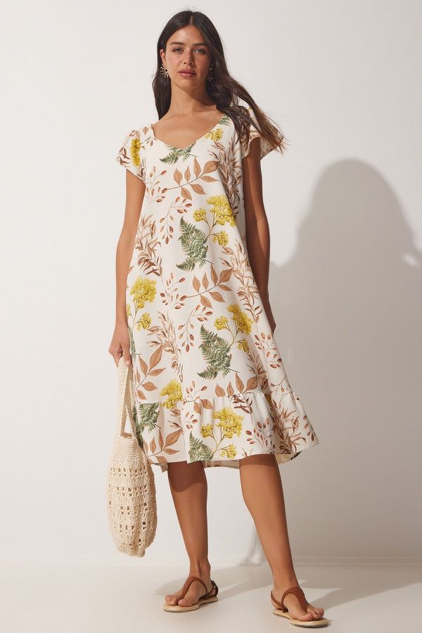 Happiness İstanbul Happiness İstanbul Women's Cream Biscuit Patterned Linen Summer Dress