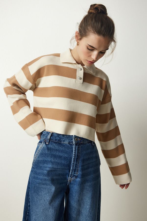 Happiness İstanbul Happiness İstanbul Women's Cream Biscuit Stylish Buttoned Collar Striped Crop Knitwear Sweater